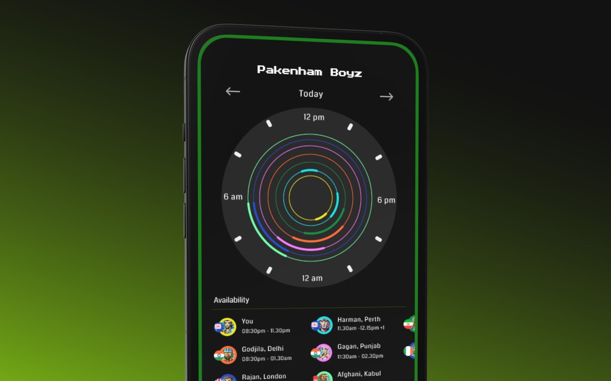 GameTime — group availability clock showing everyone's free time slots on an iPhone