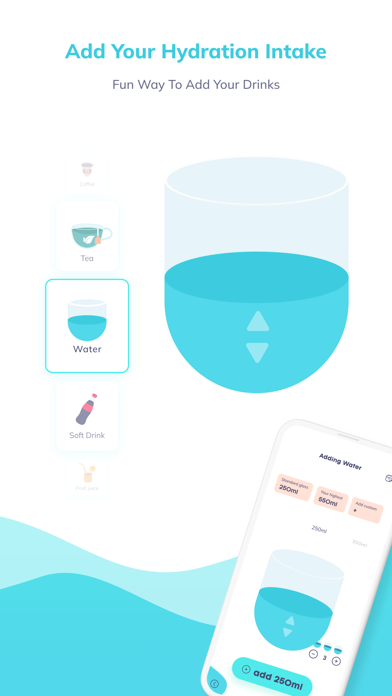 Add your hydration intake — choosing a drink type and pouring it into the day's glass