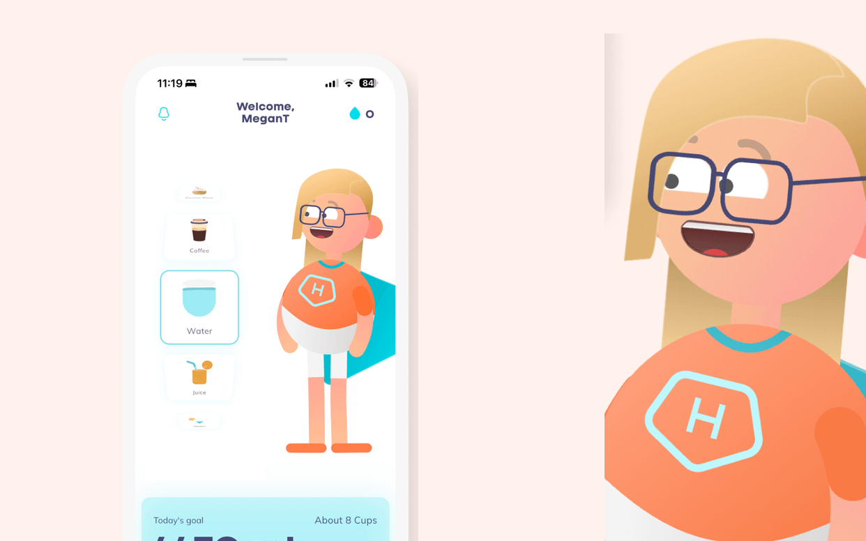 Hydration Hero — app home screen beside the smiling Hydration Hero character