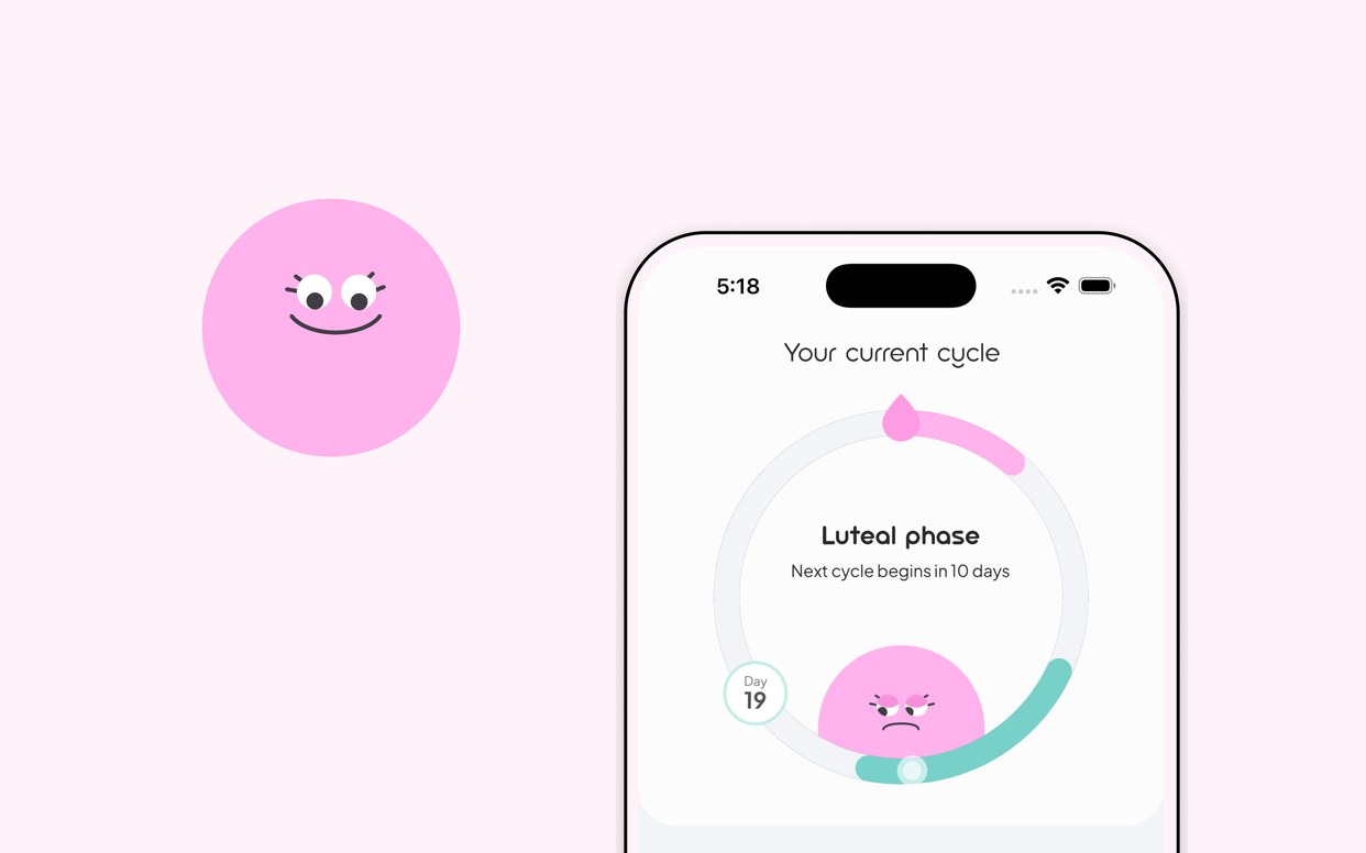 SheSync — cycle tracking phone screen with the SheSync blob character