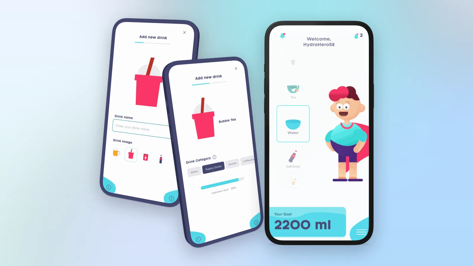 Hydration Hero's custom drink screen and avatar home screen.