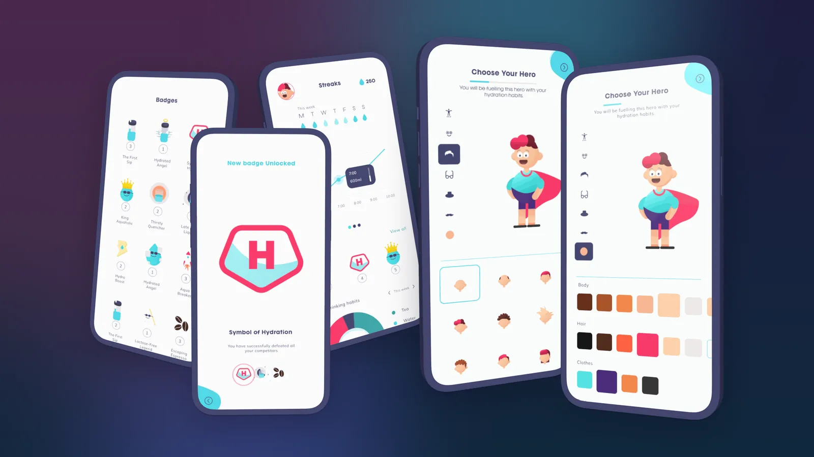 Hydration Hero's badges and streaks screens and its avatar builder.