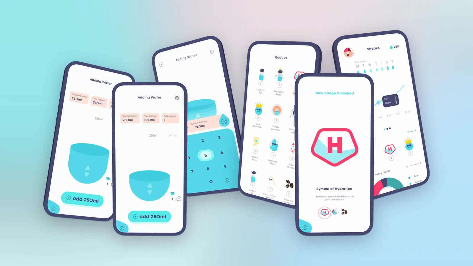 Hydration Hero's add-water screens and its streaks and badges screens.