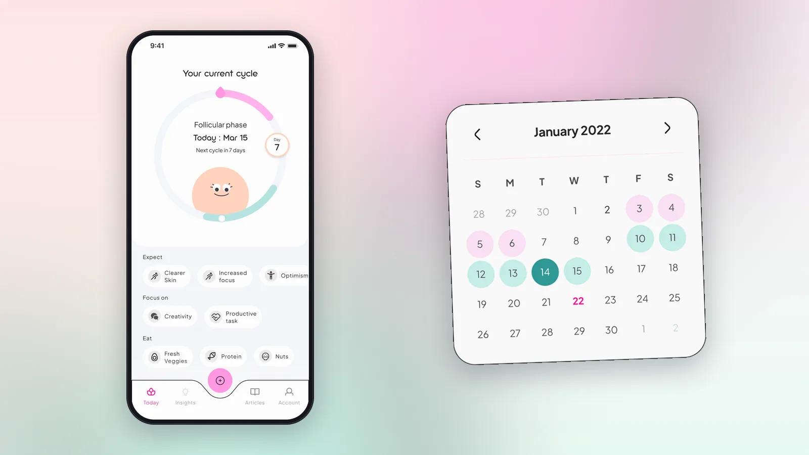SheSync's follicular-phase home screen and cycle calendar.