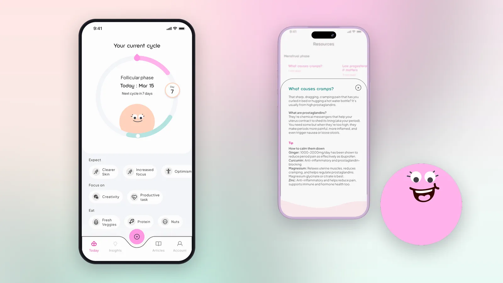 SheSync's friendly companion character, its follicular-phase home screen and the in-app resources screen.