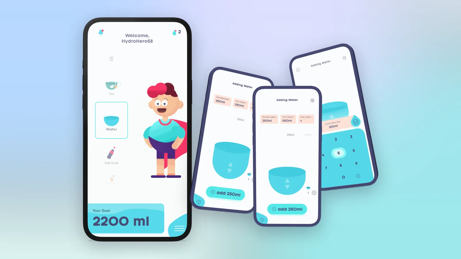 Hydration Hero's avatar home screen with a daily goal, and the add-water screens.