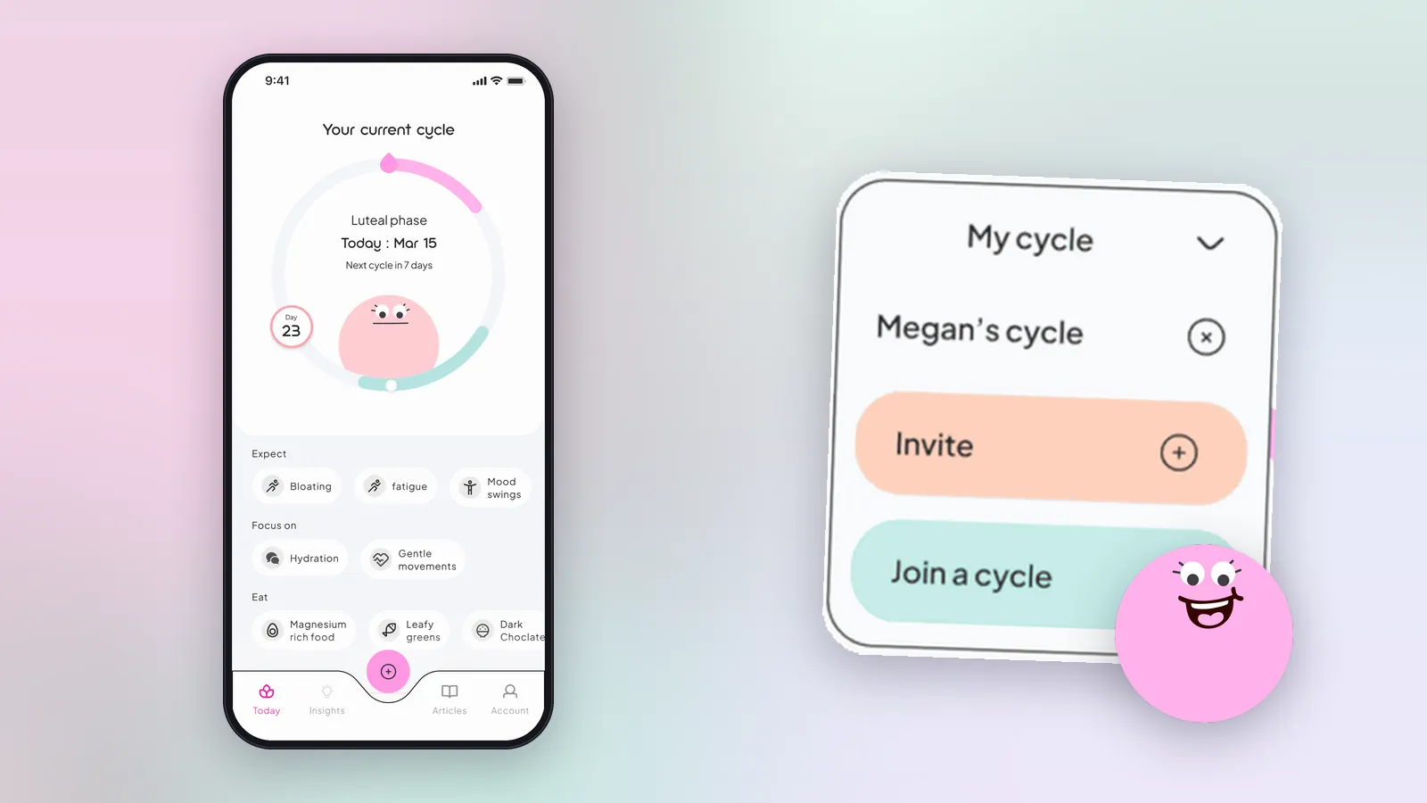 SheSync's companion character beside the app's cycle-sharing menu and luteal-phase home screen.