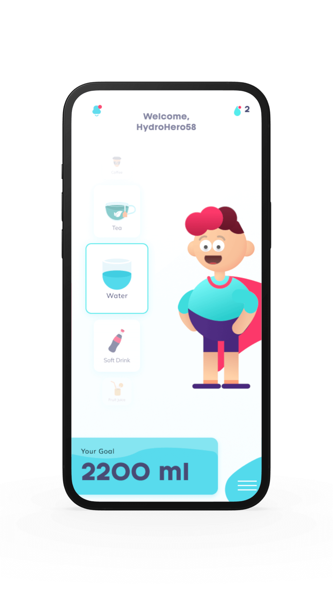 Hydration Hero app home screen showing drink tracking and daily goal