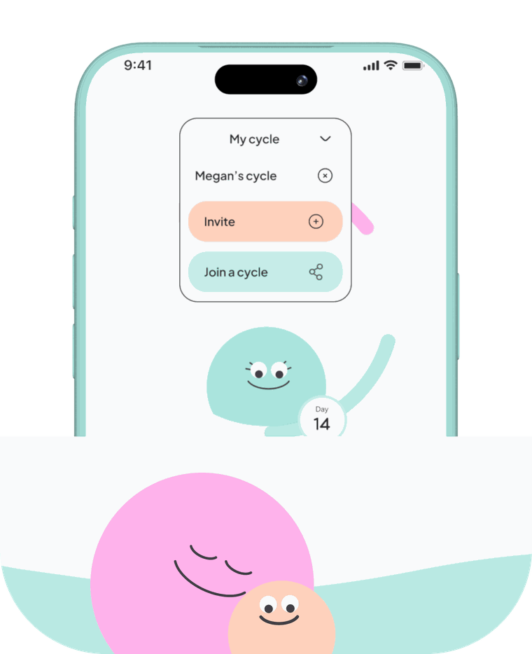 SheSync partner sync screen — invite a partner or join a cycle, with two companion characters cuddling below