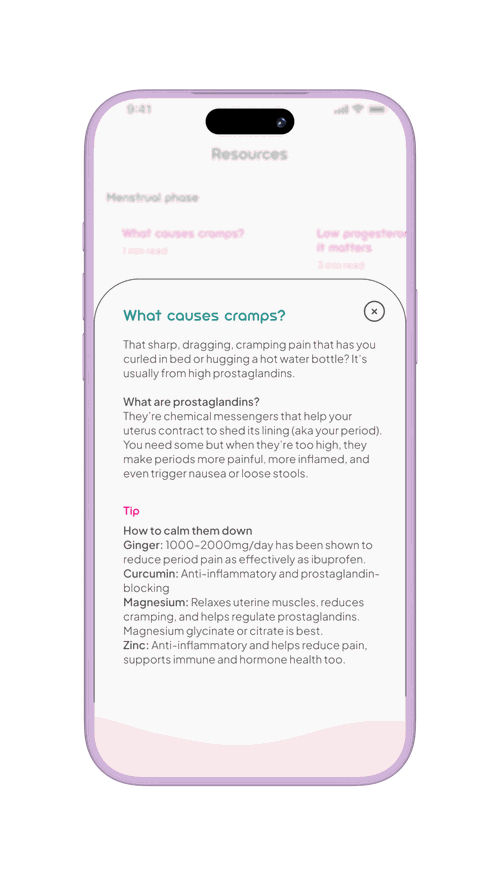 SheSync resources — a short explainer answering What causes cramps, with practical tips