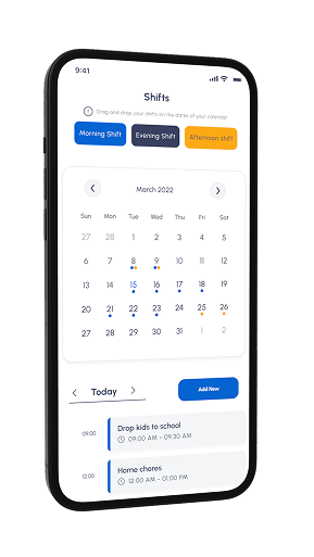 SleepSync shifts calendar — drag and drop morning, evening and afternoon shifts