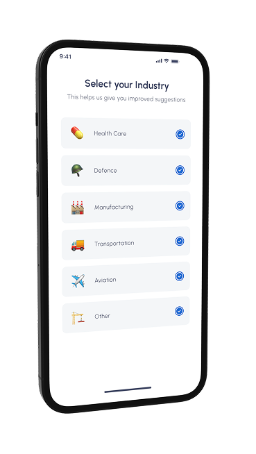 SleepSync onboarding — select your industry: healthcare, defence, manufacturing, transportation, aviation